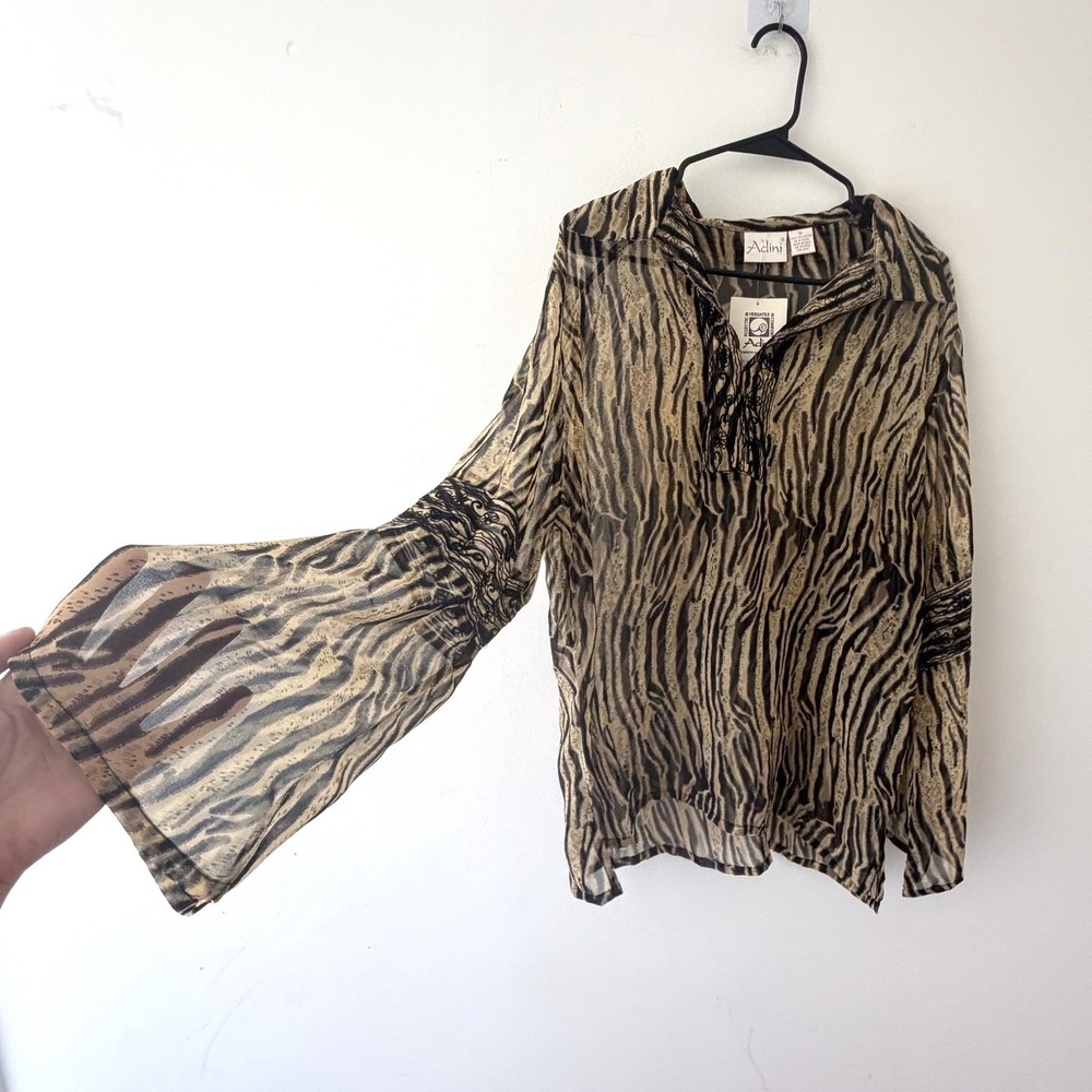 Vtg Adini Tiger Print Tunic Womens 1X Sheer Bell Sleeve Embroidered Boho Flowy